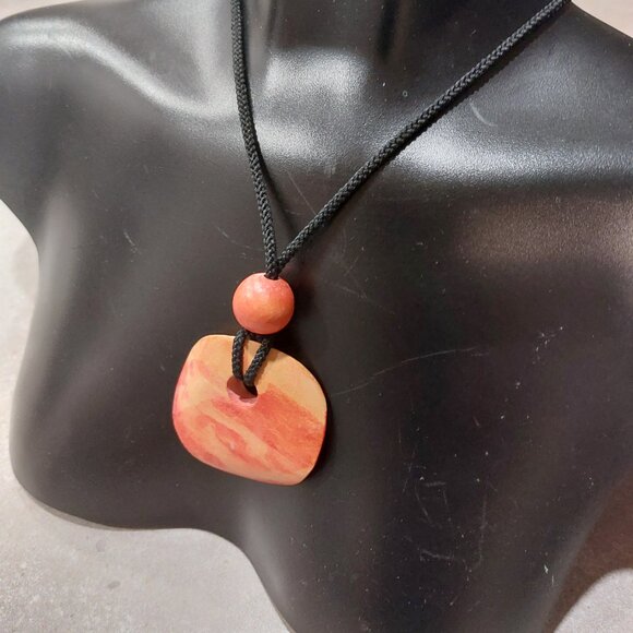 Women's Red Orange Yellow Round Wood Pendant w/Black Cord w/Wood Ball - NWOT - Picture 5 of 6